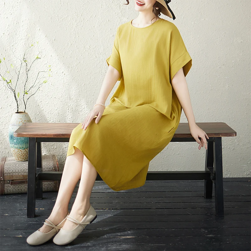 Summer New plus Size Women's Dress Yellow Double Layered Artistic Style Knee-Length Midi Dress Short Sleeve Loose Fit Cotton ...
Summer New plus Size Women's Dress Yellow Double Layered Artistic Style Knee-Length Midi Dress Short Sleeve Loose Fit Cotton ...