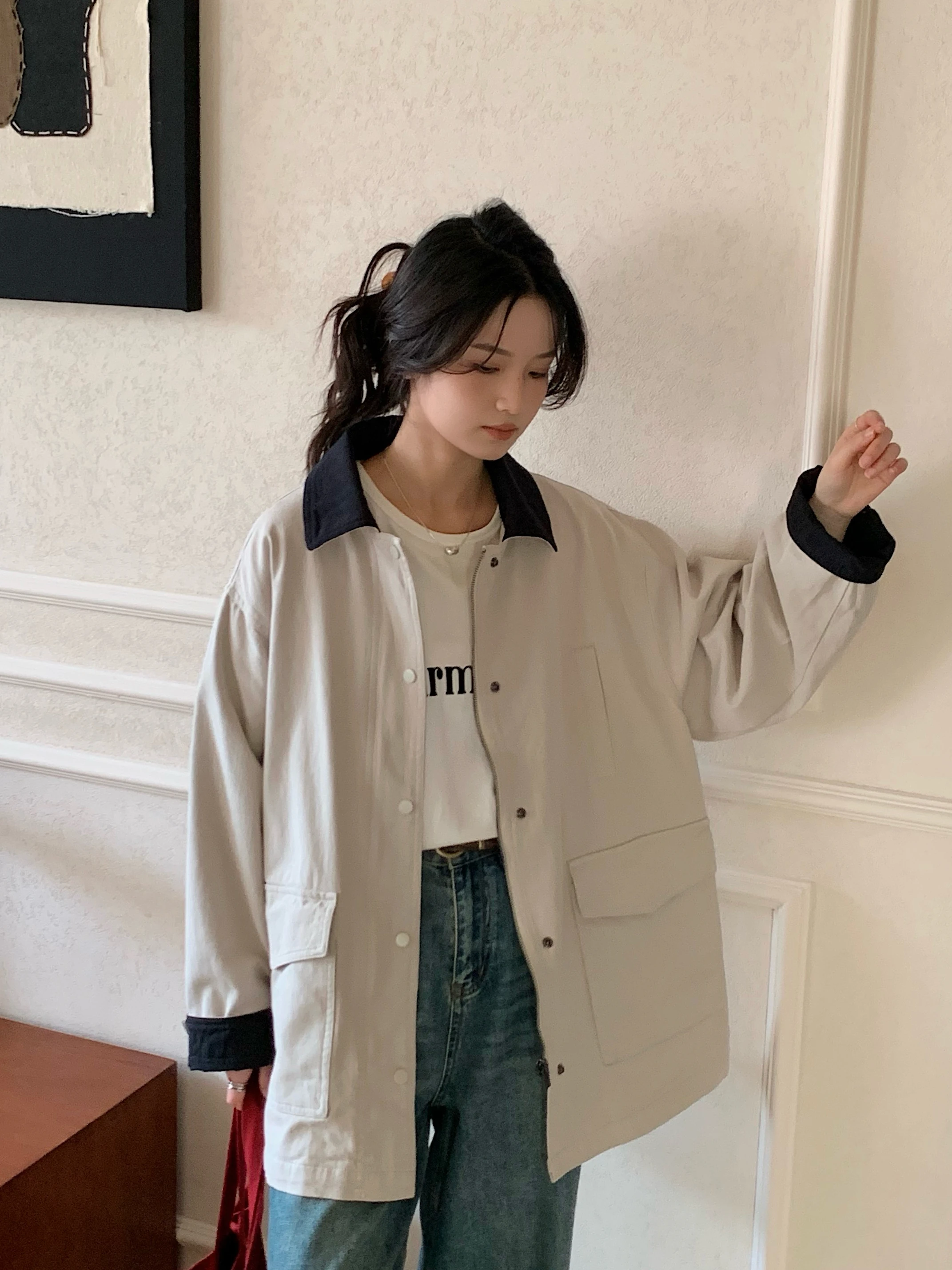 Spring Casual Loose Cotton Blend Coat with Zipper Long Sleeve Contrast Color Collar Mid-Length Windbreaker Women's Top
Spring Casual Loose Cotton Blend Coat with Zipper Long Sleeve Contrast Color Collar Mid-Length Windbreaker Women's Top