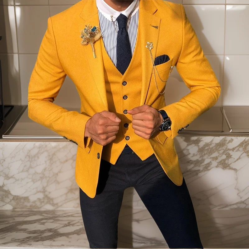 Slim Fit Men's Suits 3 Pcs Wedding Business Tuxedo Custom Groom Suits Yellow Blazer with Single Breasted Jacket Pants And Vest
Slim Fit Men's Suits 3 Pcs Wedding Business Tuxedo Custom Groom Suits Yellow Blazer with Single Breasted Jacket Pants And Vest