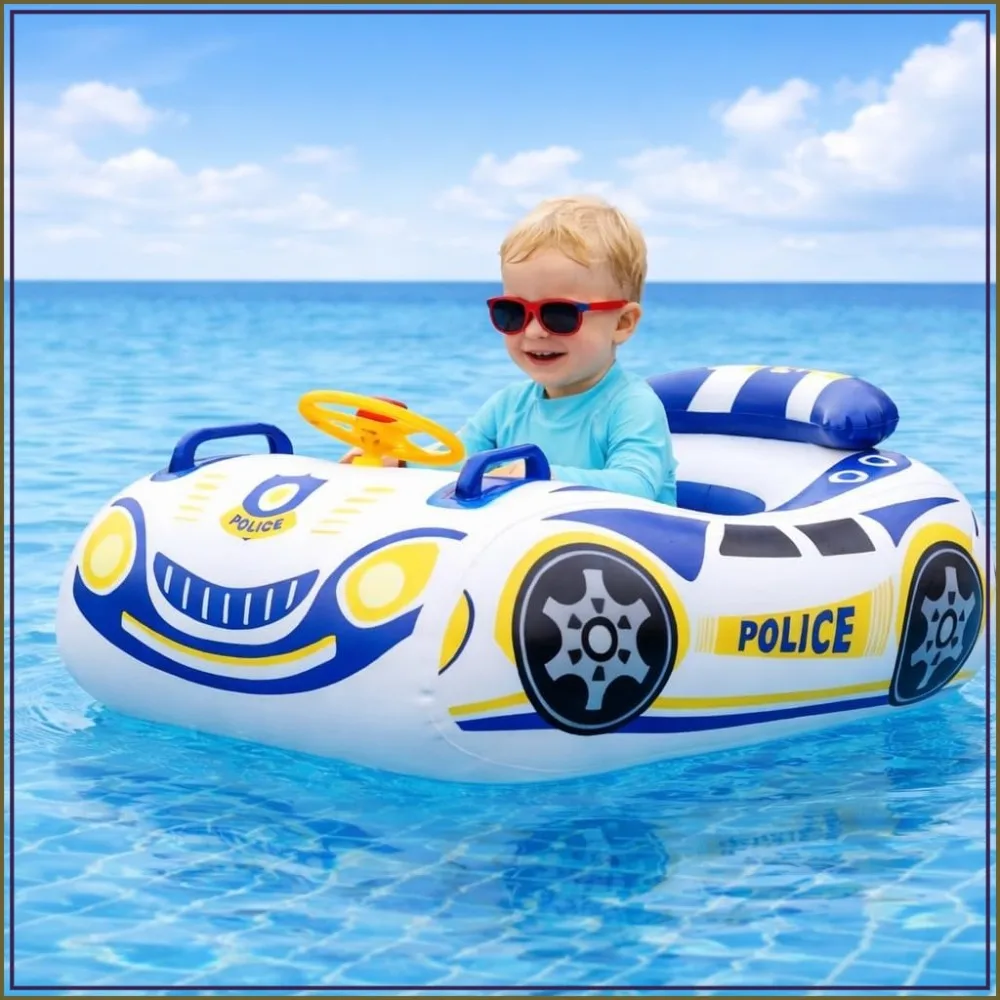 Toddler Pool Float Car with Steering Wheel - No Flip Baby Pool Float with Seat & Backrest, Thick PVC Inflatable Police Car Swim Float for Ages 1-3+
Toddler Pool Float Car with Steering Wheel - No Flip Baby Pool Float with Seat & Backrest, Thick PVC Inflatable Police Car Swim Float for Ages 1-3+