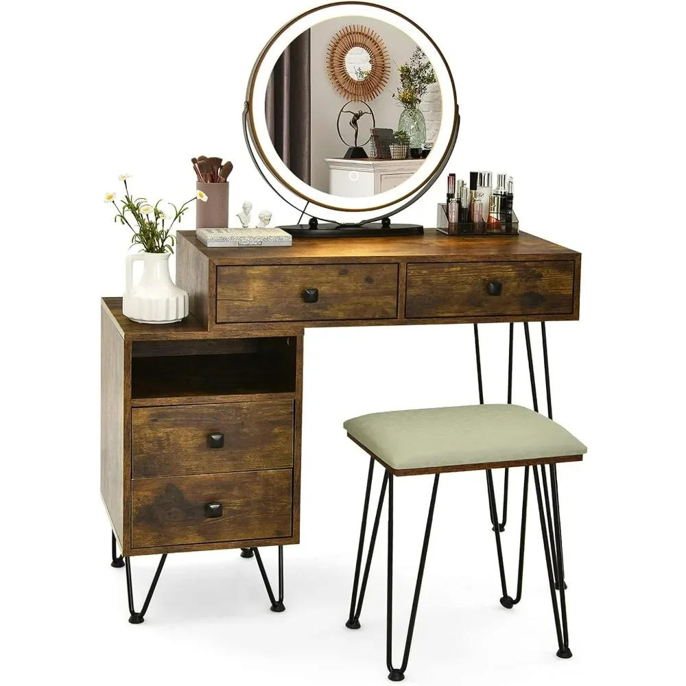 Vanity Desk w/Lights & Mirror, Makeup Vanity Set w/ 4 Large Drawers & Jewelries Organizer, 3 Color Light Options
Vanity Desk w/Lights & Mirror, Makeup Vanity Set w/ 4 Large Drawers & Jewelries Organizer, 3 Color Light Options