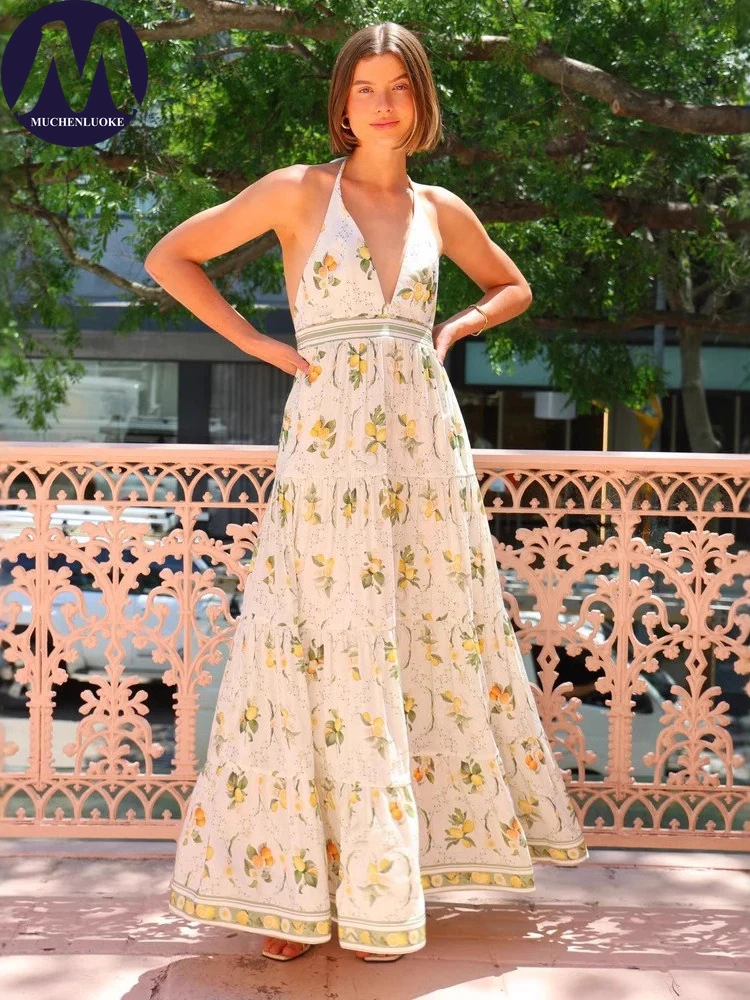 Elegant Womens Dresses Summer New Sweet Style Printed V Neck Sleeveless Halter Dress Fashionable Slim Fit Sexy Backless Dresses
Elegant Womens Dresses Summer New Sweet Style Printed V Neck Sleeveless Halter Dress Fashionable Slim Fit Sexy Backless Dresses