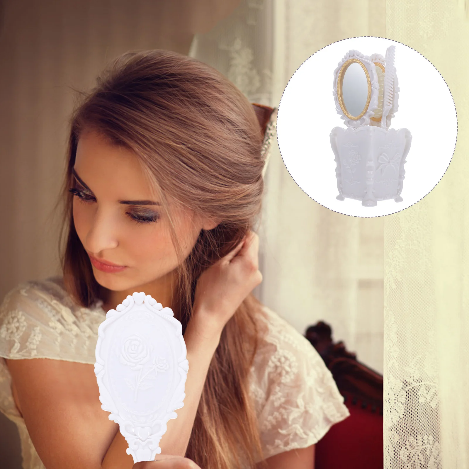 1Set Anti-Static Comb Mirror Set Ergonomic Handle Durable Plastic Scalp Massage Hairdressing Makeup Kit Mirror and Comb Set 
1Set Anti-Static Comb Mirror Set Ergonomic Handle Durable Plastic Scalp Massage Hairdressing Makeup Kit Mirror and Comb Set