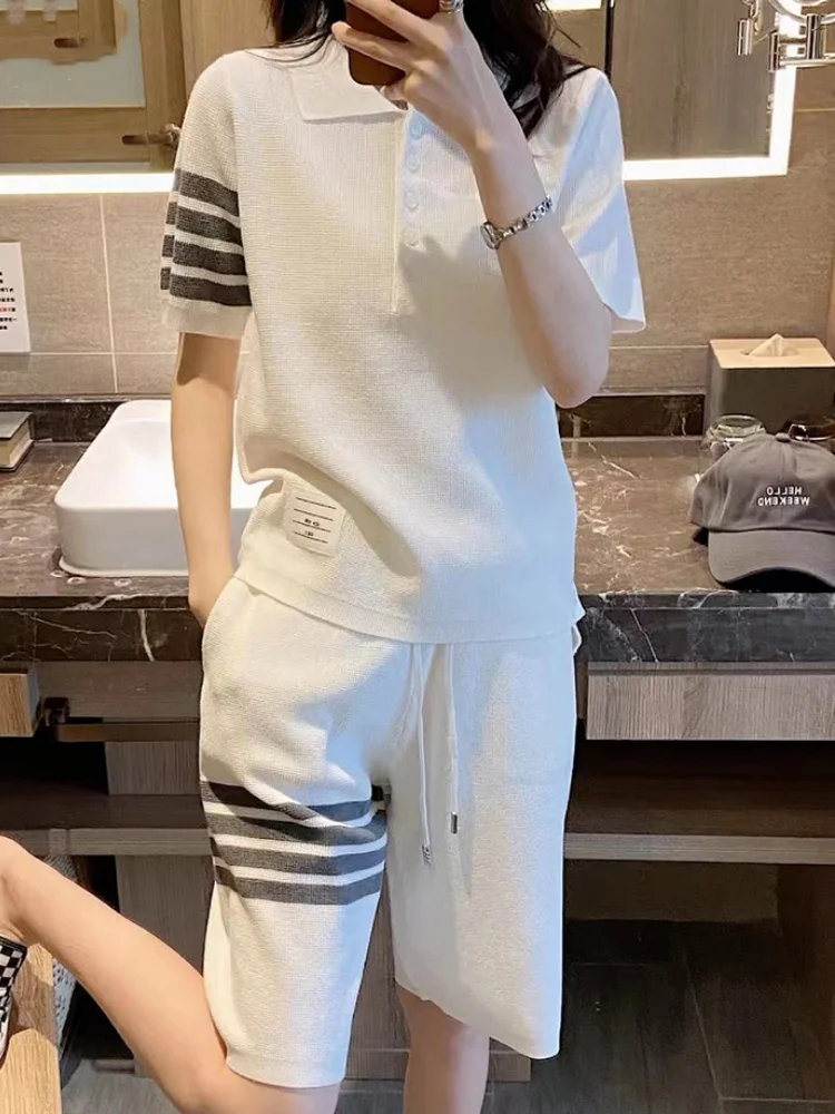 Elegant Women 2 Piece Sets Tracksuits Waffle Cotton Polo Shirt Short Sleeve Loose T-shirt and Short Pants Korean Fashion Striped
Elegant Women 2 Piece Sets Tracksuits Waffle Cotton Polo Shirt Short Sleeve Loose T-shirt and Short Pants Korean Fashion Striped