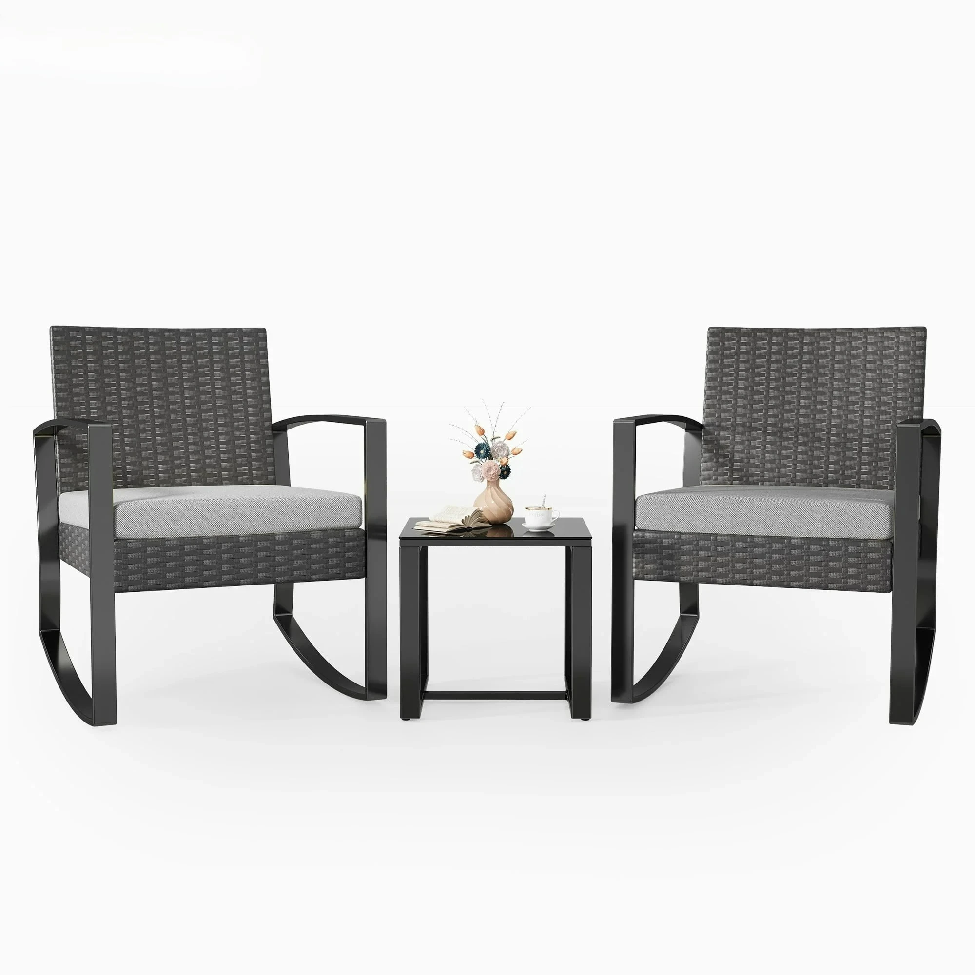 3-Piece Patio Furniture Set, Rocking Wicker Chair with Soft Cushion and Coffee Table, for Garden, Balcony, Backyard, Gray
3-Piece Patio Furniture Set, Rocking Wicker Chair with Soft Cushion and Coffee Table, for Garden, Balcony, Backyard, Gray