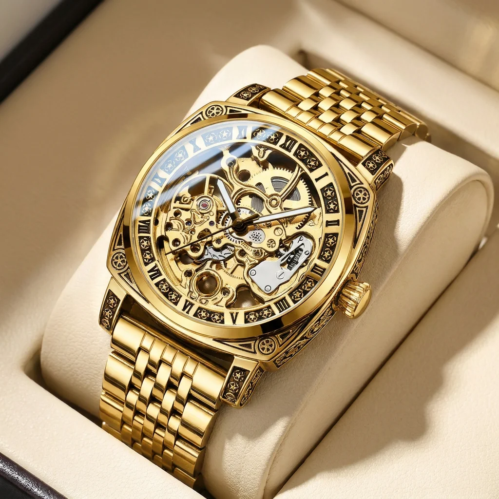 1pcs Men's gold dial alloy strap vintage fashion skeleton gear luxury details Mechanical Watch for daily business party holiday
1pcs Men's gold dial alloy strap vintage fashion skeleton gear luxury details Mechanical Watch for daily business party holiday