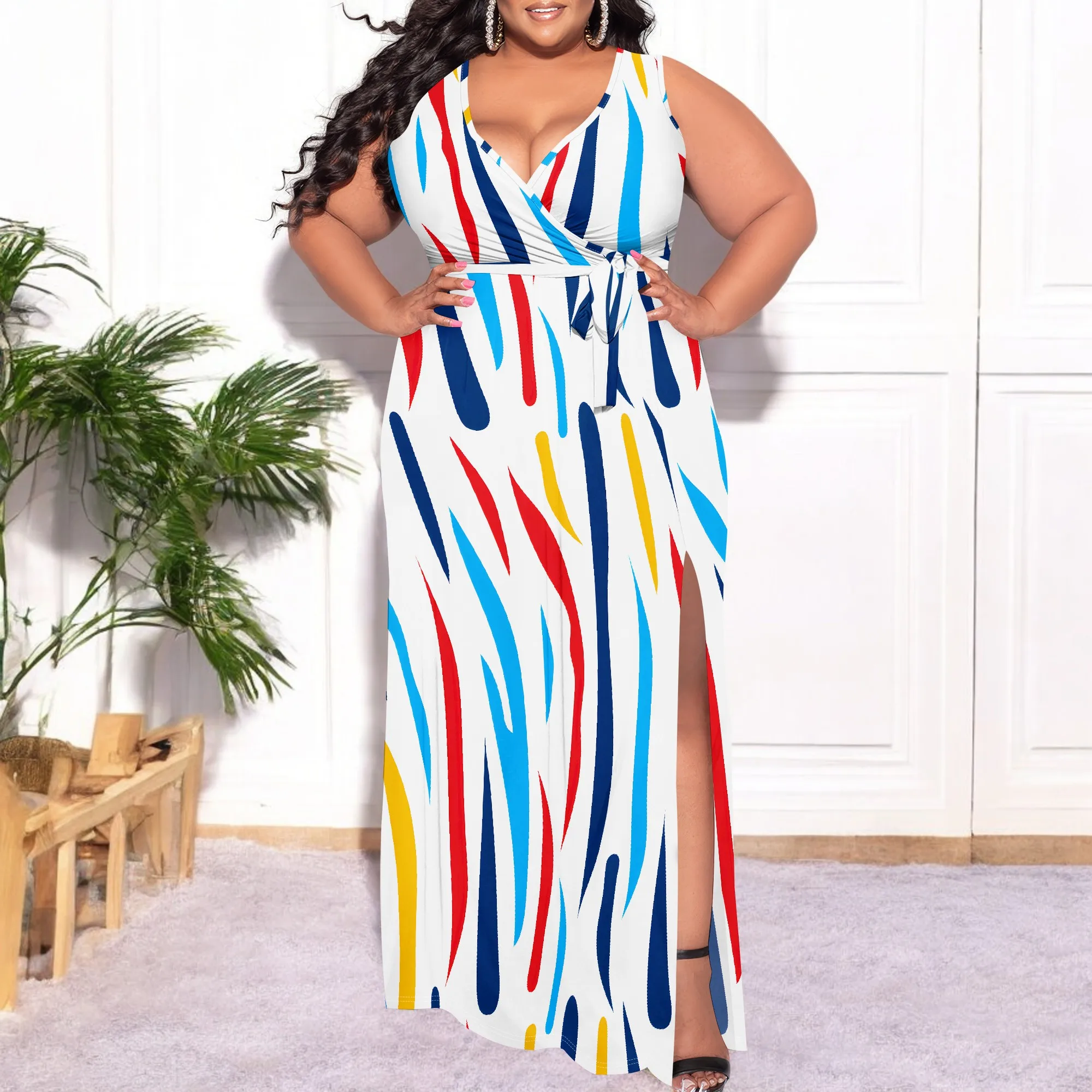 Plus Size Womens Sexy Casual Dresses for Curvy Women 3D Printed halterneck V Neckline Short Sleeve Loose High Vent Maxi Dress
Plus Size Womens Sexy Casual Dresses for Curvy Women 3D Printed halterneck V Neckline Short Sleeve Loose High Vent Maxi Dress