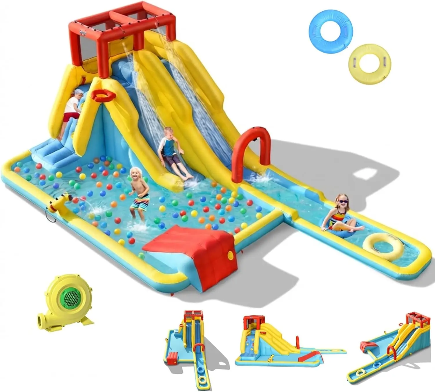 Dual Slides Inflatable Water Slide Park with Bouncy Castle and Oversized Splash Pool, Includes 2 Swim Rings & Electric Blower, Outdoor Backyard Water Slide for Kids Ages 3-12
Dual Slides Inflatable Water Slide Park with Bouncy Castle and Oversized Splash Pool, Includes 2 Swim Rings & Electric Blower, Outdoor Backyard Water Slide for Kids Ages 3-12