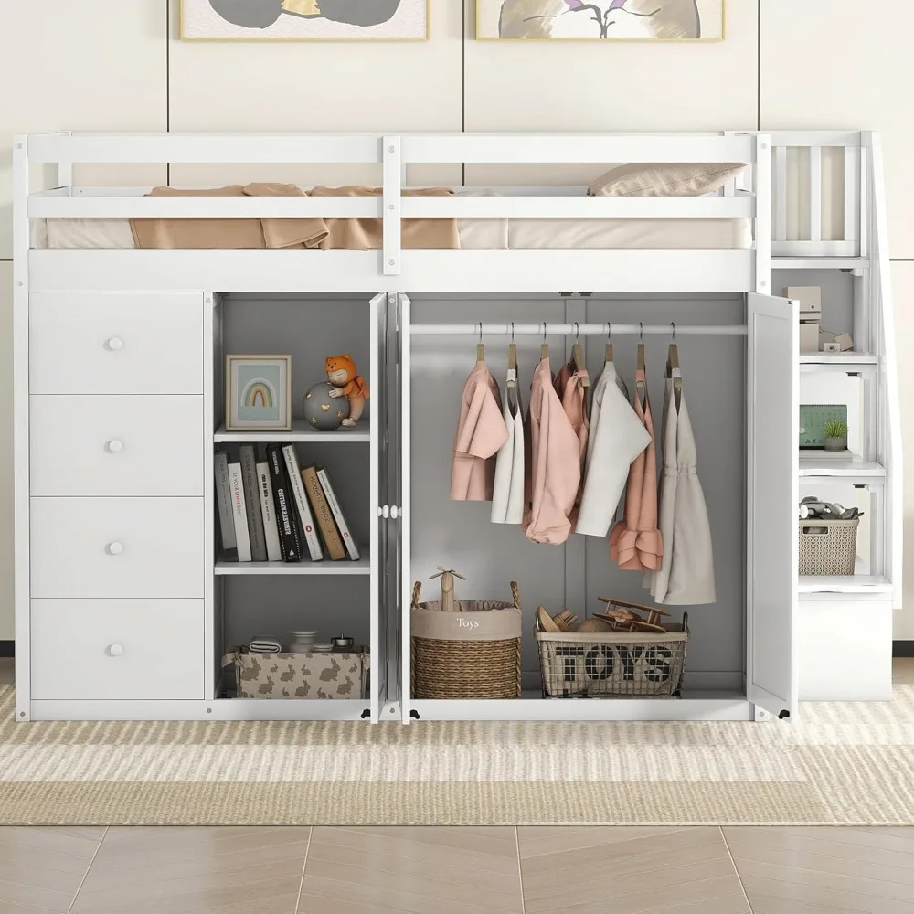 White Full Loft Bed with Stairs, Wooden Loft Bed with 2 Wardrobes, Full Size Lofts Beds with Storage Drawers and Cabinet
White Full Loft Bed with Stairs, Wooden Loft Bed with 2 Wardrobes, Full Size Lofts Beds with Storage Drawers and Cabinet