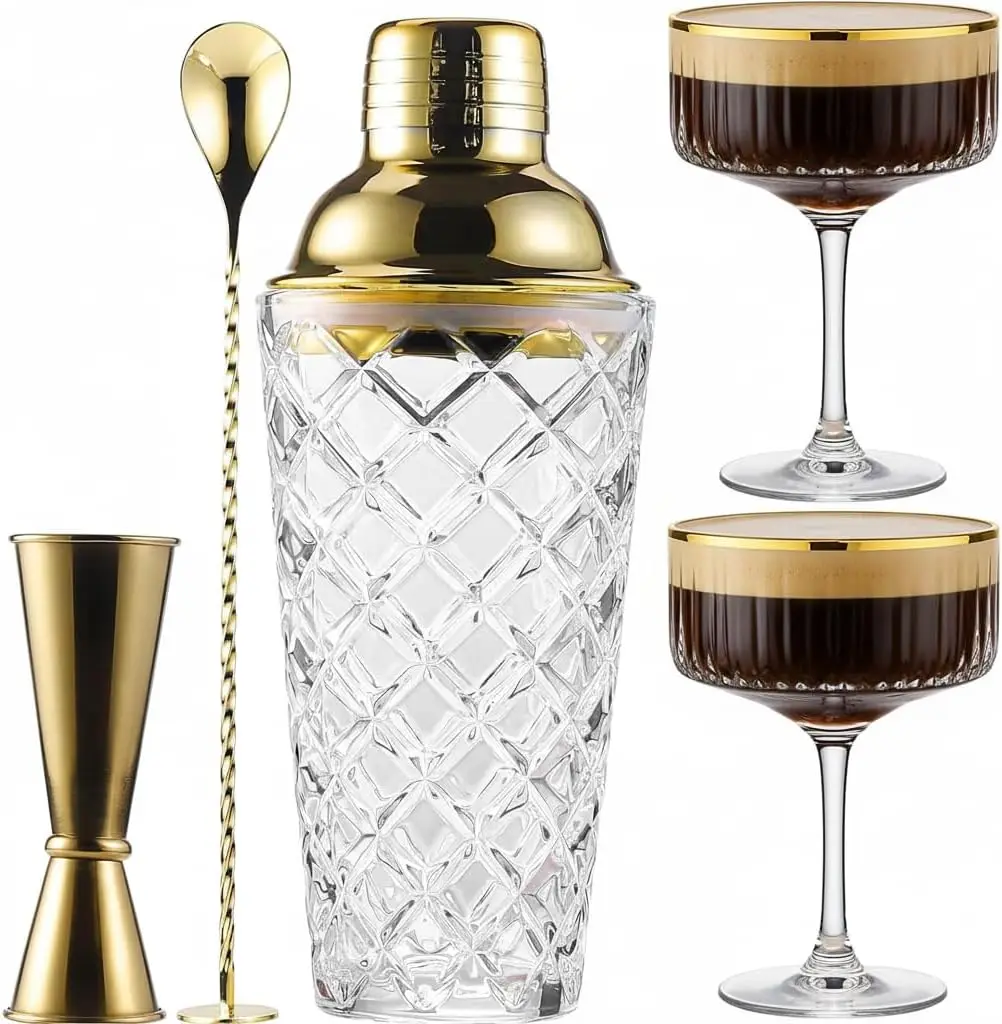 Cocktail Shaker Set with Coupe Glasses, 5-Piece Bartender Kit Includes Pineapple Glass Shaker, Gold Lid, Jigger & Bar Spoon for
Cocktail Shaker Set with Coupe Glasses, 5-Piece Bartender Kit Includes Pineapple Glass Shaker, Gold Lid, Jigger & Bar Spoon for