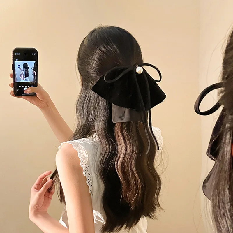 Velvet Pearl Ribbon Bow Hair Claw Clip French Retro for High Ponytail Back of Head Updo Elegant Black
Velvet Pearl Ribbon Bow Hair Claw Clip French Retro for High Ponytail Back of Head Updo Elegant Black