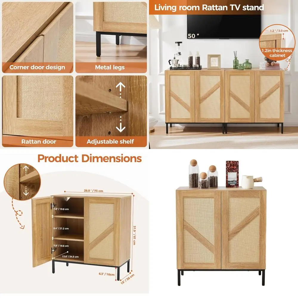 Natural Rattan Buffet Cabinet with 2 Doors, Metal Base, and Adjustable Shelf for Kitchen, Coffee Bar, Entryway, and Living Room
Natural Rattan Buffet Cabinet with 2 Doors, Metal Base, and Adjustable Shelf for Kitchen, Coffee Bar, Entryway, and Living Room