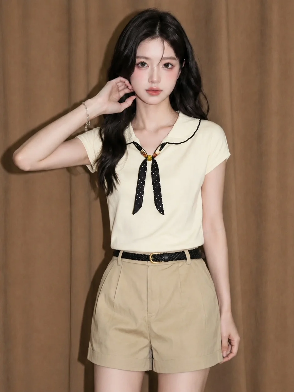 Slim Fit Polka Dot Bow Tie Collar Top Women's Summer Short Sleeve T-Shirt French Style Soft Wool Blend Breathable Skin-Friendly
Slim Fit Polka Dot Bow Tie Collar Top Women's Summer Short Sleeve T-Shirt French Style Soft Wool Blend Breathable Skin-Friendly