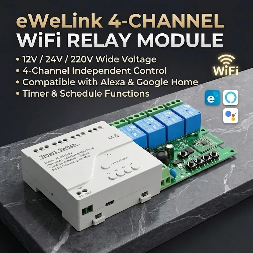 Модуль реле eWeLink 4CH WiFi Smart Switch 12В 24В 220В, 4-канальный приемник для двигателей и освещения, совместимый с Alexa Google Home
Модуль реле eWeLink 4CH WiFi Smart Switch 12В 24В 220В, 4-канальный приемник для двигателей и освещения, совместимый с Alexa Google Home