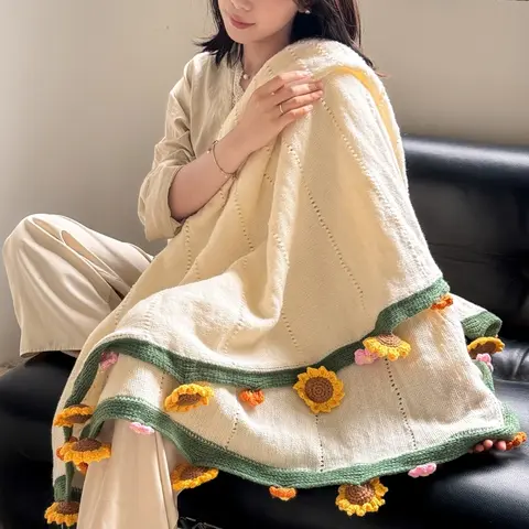 1pc Handmade Crochet Blanket with Sunflowers Soft Knit Throw Cute Floral Border Summer Comforter Boho Bedspread for Couch