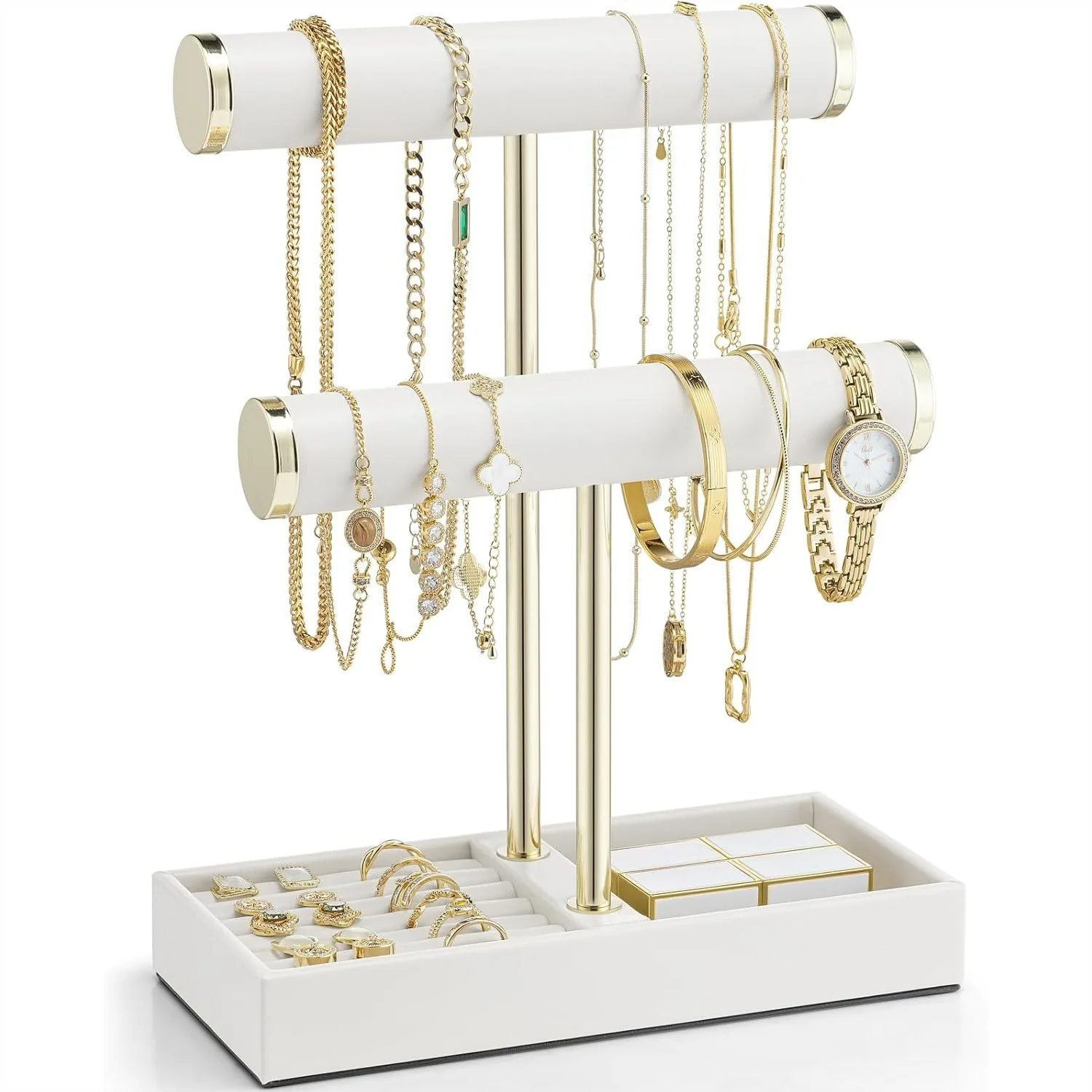 2 Tier Bracelet Holder with Tray - Leather Jewelry Stand Organizer for Women, Necklace Display for Watches Rings Earrings Bangle
2 Tier Bracelet Holder with Tray - Leather Jewelry Stand Organizer for Women, Necklace Display for Watches Rings Earrings Bangle