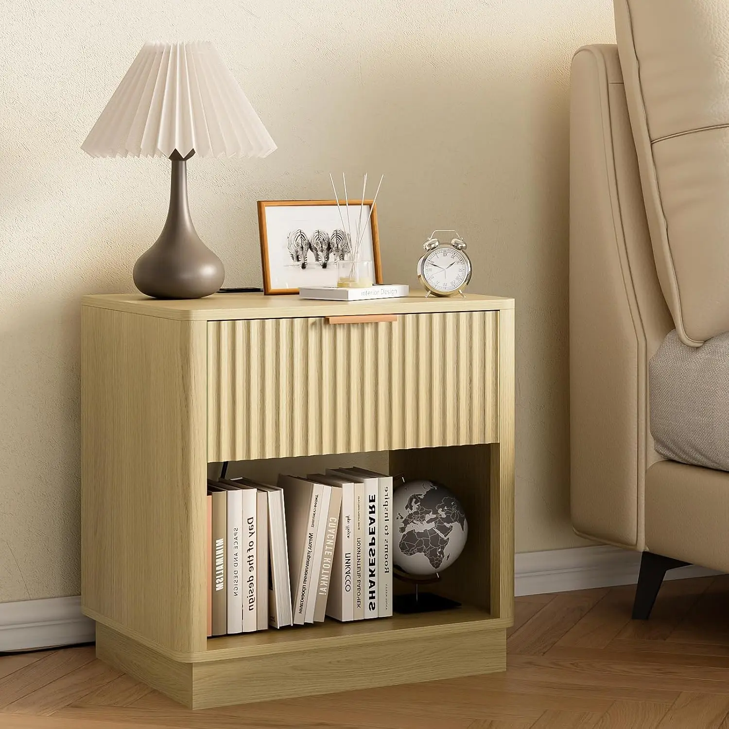 Modern Fluted Nightstand with Charging Station, Drawer, and Open Shelf for Bedroom or Living Room
Modern Fluted Nightstand with Charging Station, Drawer, and Open Shelf for Bedroom or Living Room