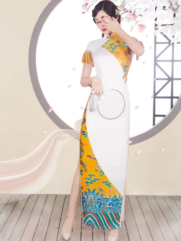 Spring New Style Jiangnan Long Gown round Collar Short Sleeve High Slit Polyester Fiber Retro Design Women's Suit
Spring New Style Jiangnan Long Gown round Collar Short Sleeve High Slit Polyester Fiber Retro Design Women's Suit