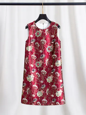 Elegant Red Jacquard Dress Women Summer Sleeveless Vest Dress Beaded Embroidery Luxury Banquet Wedding Party Formal Dresses