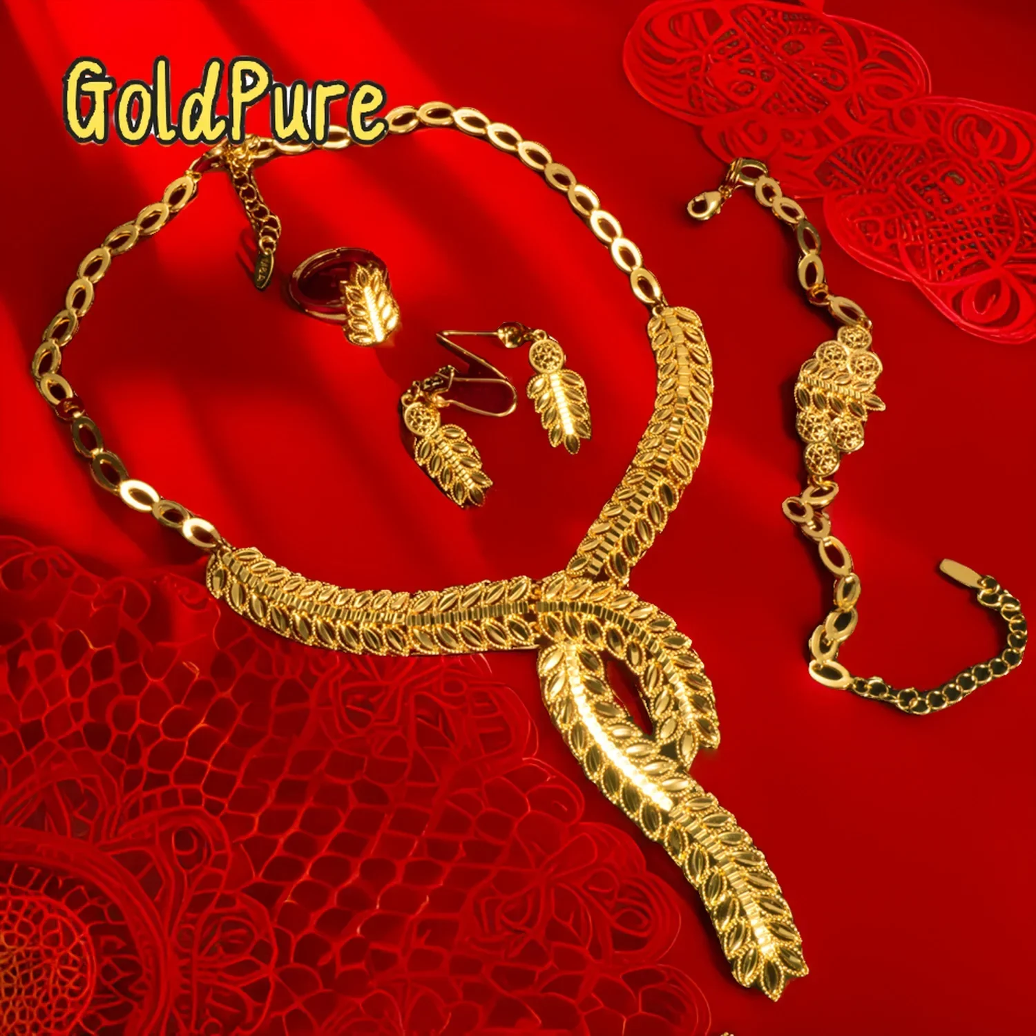 Goldpure 24k jewelry necklace earring ring hand jewelry set 9999 24K Real Gold Middle East Dubai African bride ethnic four piece
Goldpure 24k jewelry necklace earring ring hand jewelry set 9999 24K Real Gold Middle East Dubai African bride ethnic four piece