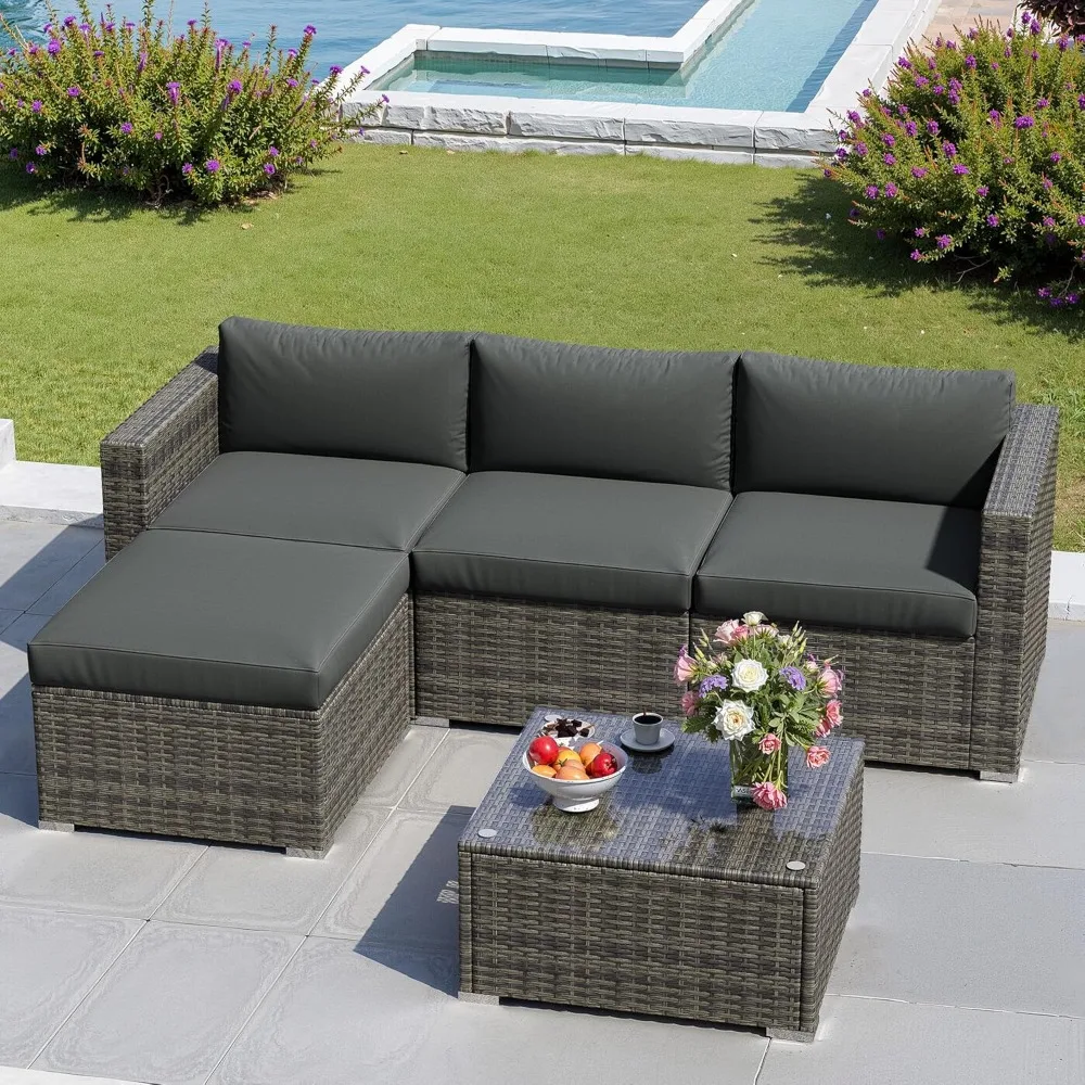 5 Pieces Outdoor Patio Furniture Sets with Glass Tea Table, PE Rattan Wicker Patio Conversation Set with Washable Cushions, Outd 
5 Pieces Outdoor Patio Furniture Sets with Glass Tea Table, PE Rattan Wicker Patio Conversation Set with Washable Cushions, Outd