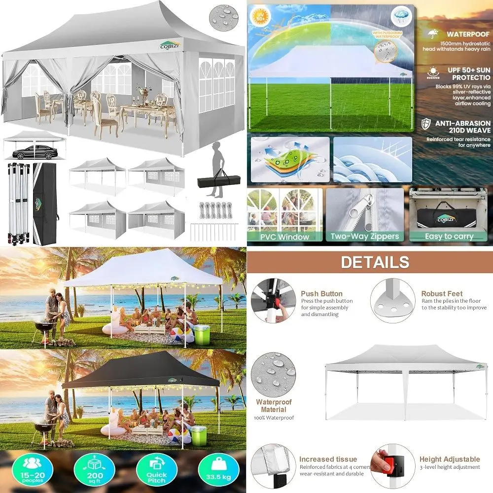10x20 Pop Up Canopy Tent with 6 Removable Sidewalls, Easy Up Outdoor Canopy, UPF 50 and Waterproof, Air Vent amp Reflective Str
10x20 Pop Up Canopy Tent with 6 Removable Sidewalls, Easy Up Outdoor Canopy, UPF 50 and Waterproof, Air Vent amp Reflective Str