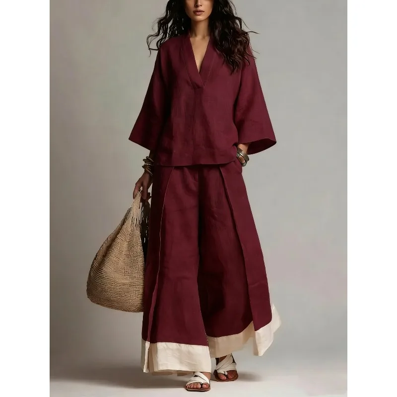 V-neck Three-quarter Sleeve Shirt Color-blocking Wide-leg Pants Set Women European American Spring Summer Cotton Linen French
V-neck Three-quarter Sleeve Shirt Color-blocking Wide-leg Pants Set Women European American Spring Summer Cotton Linen French