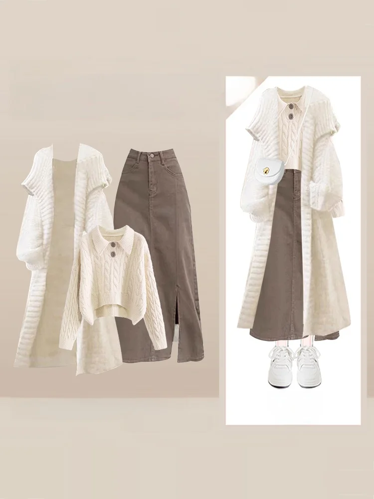 Autumn Winter Women's Korean Sle Knitted Sweater Cardigan Outerwear Denim Skirt Tee-Piece Set Casual Faion Ensemble
Autumn Winter Women's Korean Sle Knitted Sweater Cardigan Outerwear Denim Skirt Tee-Piece Set Casual Faion Ensemble