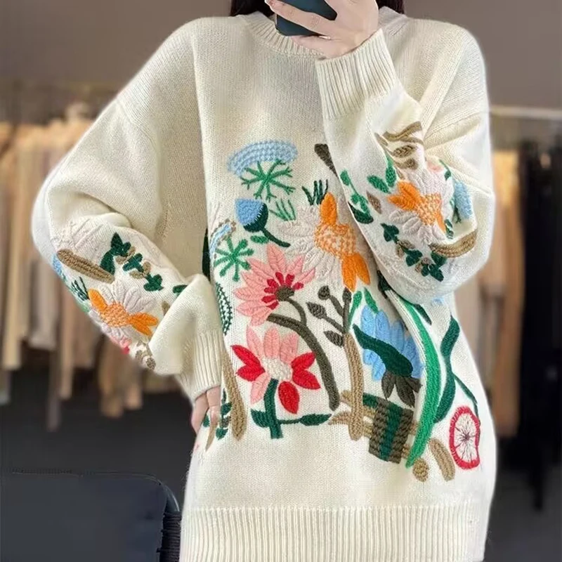 Warm Cute Flowers Embroidery The Lakes Cardigans Spring and Autumn Female Beige O Neck Long Sleeve Knitted Sweater
Warm Cute Flowers Embroidery The Lakes Cardigans Spring and Autumn Female Beige O Neck Long Sleeve Knitted Sweater