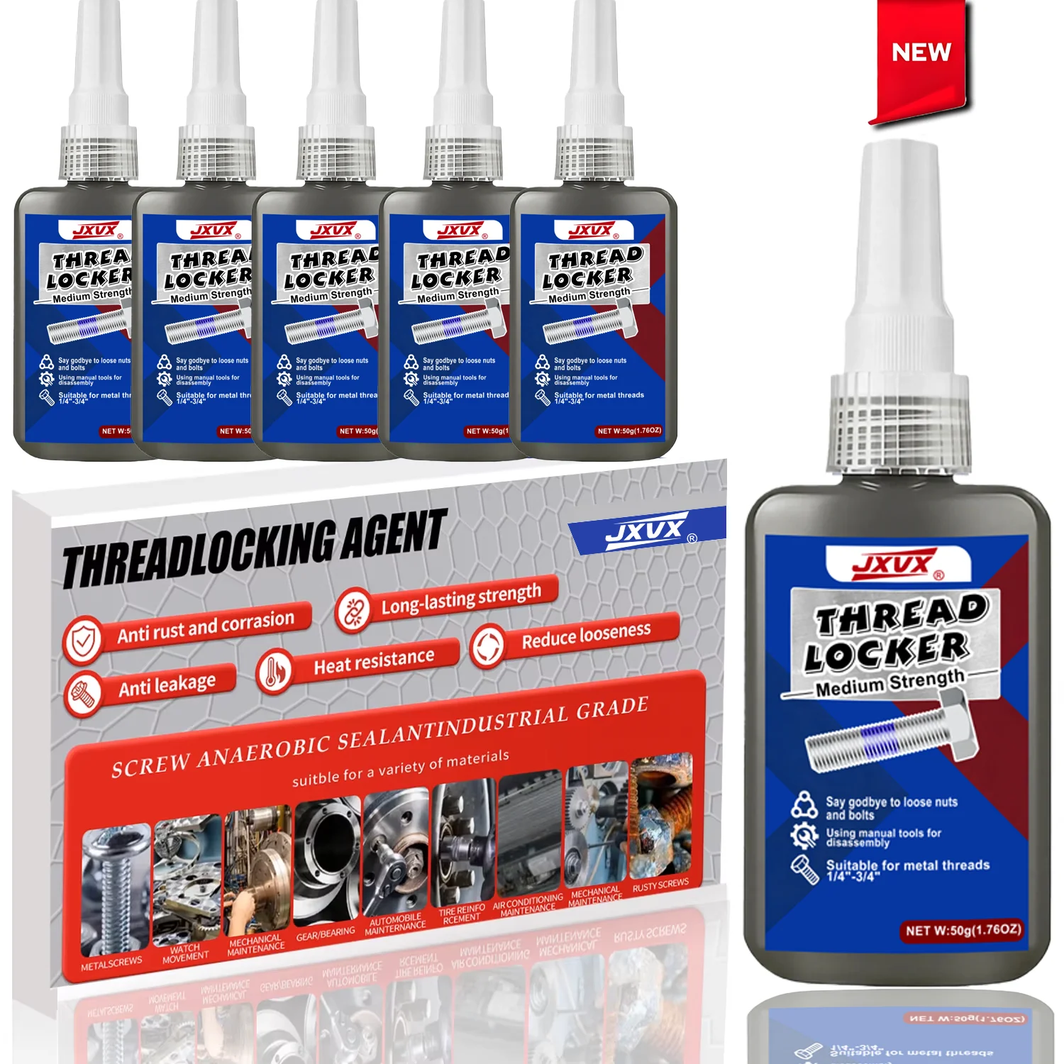 JXVX Blue 243 Medium-Strength Threadlocker Industrial Glue Removable Anti-Loosening Anti-Slip Waterproof Rust-Proof tool,1-6PCS.
JXVX Blue 243 Medium-Strength Threadlocker Industrial Glue Removable Anti-Loosening Anti-Slip Waterproof Rust-Proof tool,1-6PCS.