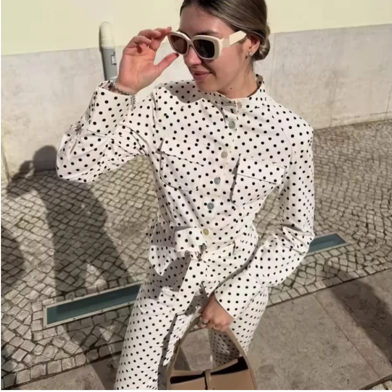 Women Polka Dot Jacket With Cropped Pants 2 Piece Set Stand Neck Single Breasted Lace Up Top High Waist Slim Pants Set Lady Sets
Women Polka Dot Jacket With Cropped Pants 2 Piece Set Stand Neck Single Breasted Lace Up Top High Waist Slim Pants Set Lady Sets