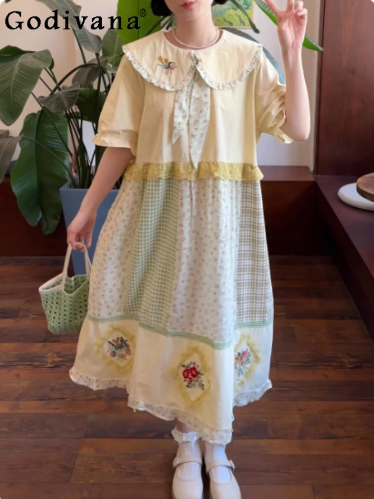Spring Summer Sweet Peter Pan Collar Short Sleeve Plaid Floral Splicing Dress Fashion Age-reducing Loose Girl Yellow Dresses
Spring Summer Sweet Peter Pan Collar Short Sleeve Plaid Floral Splicing Dress Fashion Age-reducing Loose Girl Yellow Dresses