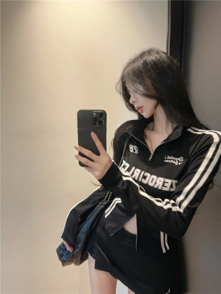 Ретро американский весенне-осенний тюнер на молнии, женский топ с воротником-стойкой, цветной топ с принтом Blo, уникальный дизайн 
Ретро американский весенне-осенний тюнер на молнии, женский топ с воротником-стойкой, цветной топ с принтом Blo, уникальный дизайн