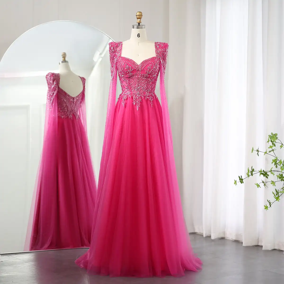 Arabic Fuchsia Evening Dress with Cape Sleeves Luxury Beaded Dubai Elegant Women Wedding Formal Party Gowns LSZ242
Arabic Fuchsia Evening Dress with Cape Sleeves Luxury Beaded Dubai Elegant Women Wedding Formal Party Gowns LSZ242
