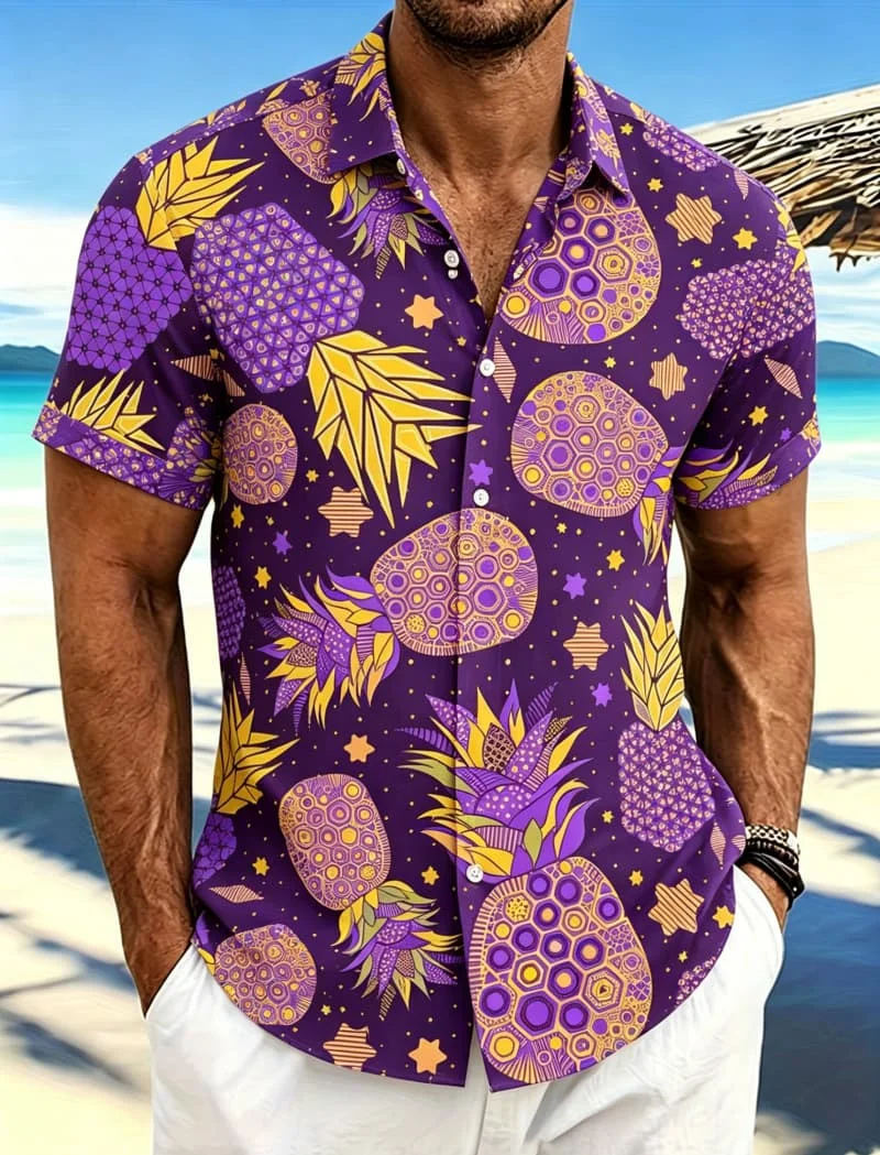 Men's versatile tropical pineapple floral printed short sleeved button up shirt, for summer, beach vacations
Men's versatile tropical pineapple floral printed short sleeved button up shirt, for summer, beach vacations