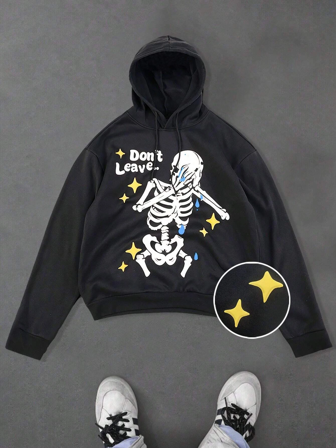 A Man's Black Hoodie, Blue Tears and Yellow Stars. "Don't Leave..." Hip-Hop Gothic Style Text Pullover Sweatshirt
A Man's Black Hoodie, Blue Tears and Yellow Stars. "Don't Leave..." Hip-Hop Gothic Style Text Pullover Sweatshirt