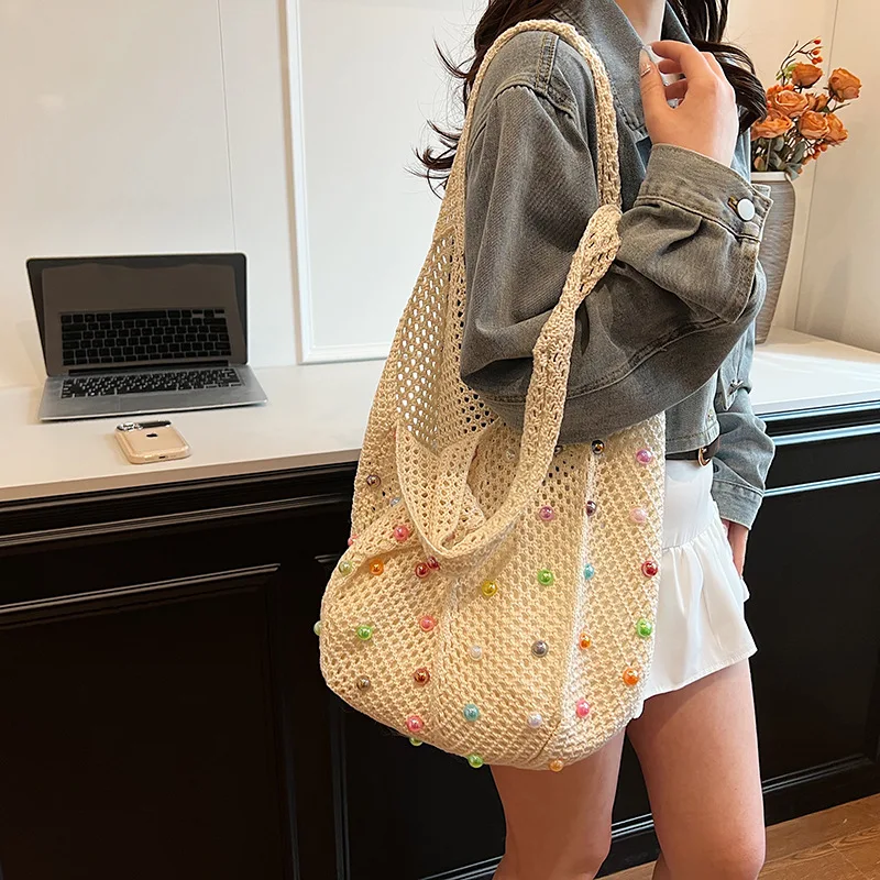 Women's Crochet Mesh Tote Bag Colorful Beaded Decor Hollow Out Woven Shoulder Bag Large Capacity Beach Handbag
Women's Crochet Mesh Tote Bag Colorful Beaded Decor Hollow Out Woven Shoulder Bag Large Capacity Beach Handbag
