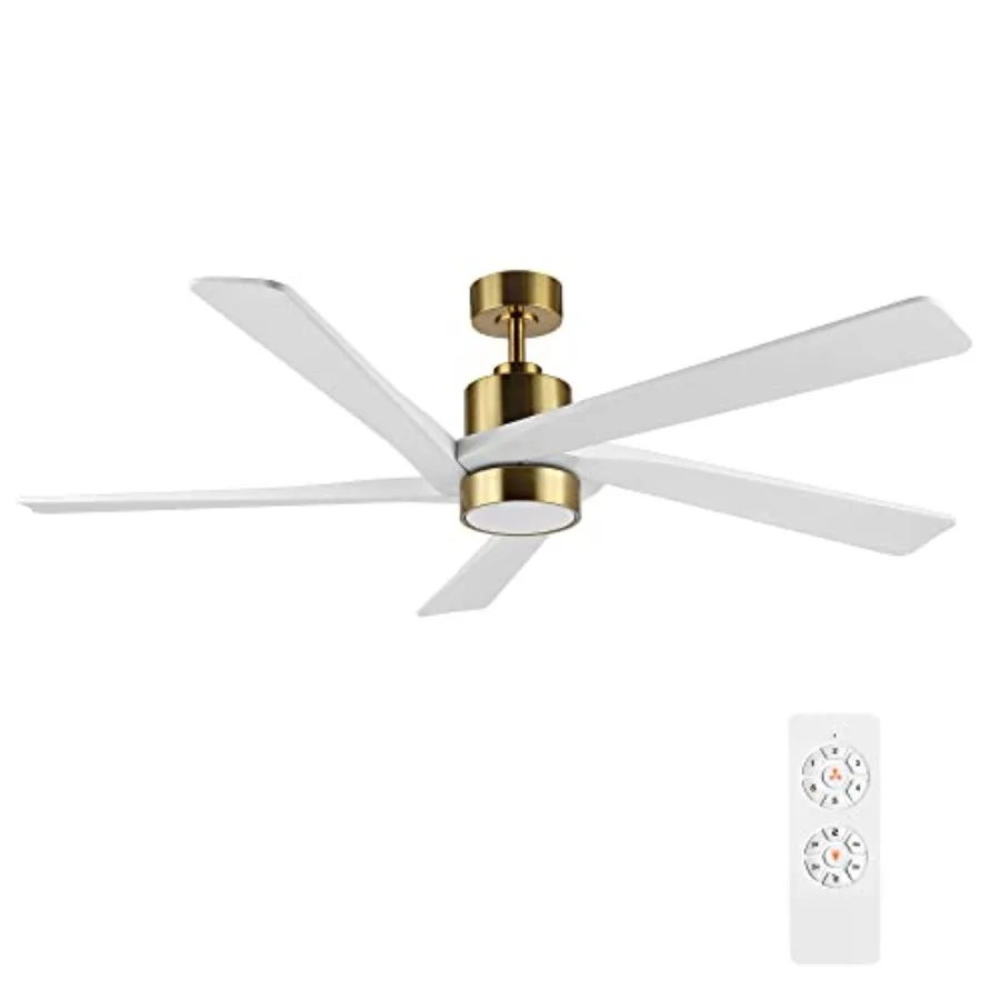 Modern ceiling fan for living room: brass finish metal body with white reversible carved wood blades, 6-speed DC motor, integra
Modern ceiling fan for living room: brass finish metal body with white reversible carved wood blades, 6-speed DC motor, integra
