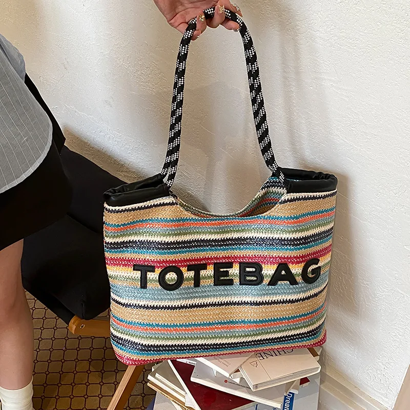 Colorful Striped Woven Tote Bag with Letter Patch Summer Beach Straw Purse with Black Trim Casual Shoulder Handbag for Women
Colorful Striped Woven Tote Bag with Letter Patch Summer Beach Straw Purse with Black Trim Casual Shoulder Handbag for Women