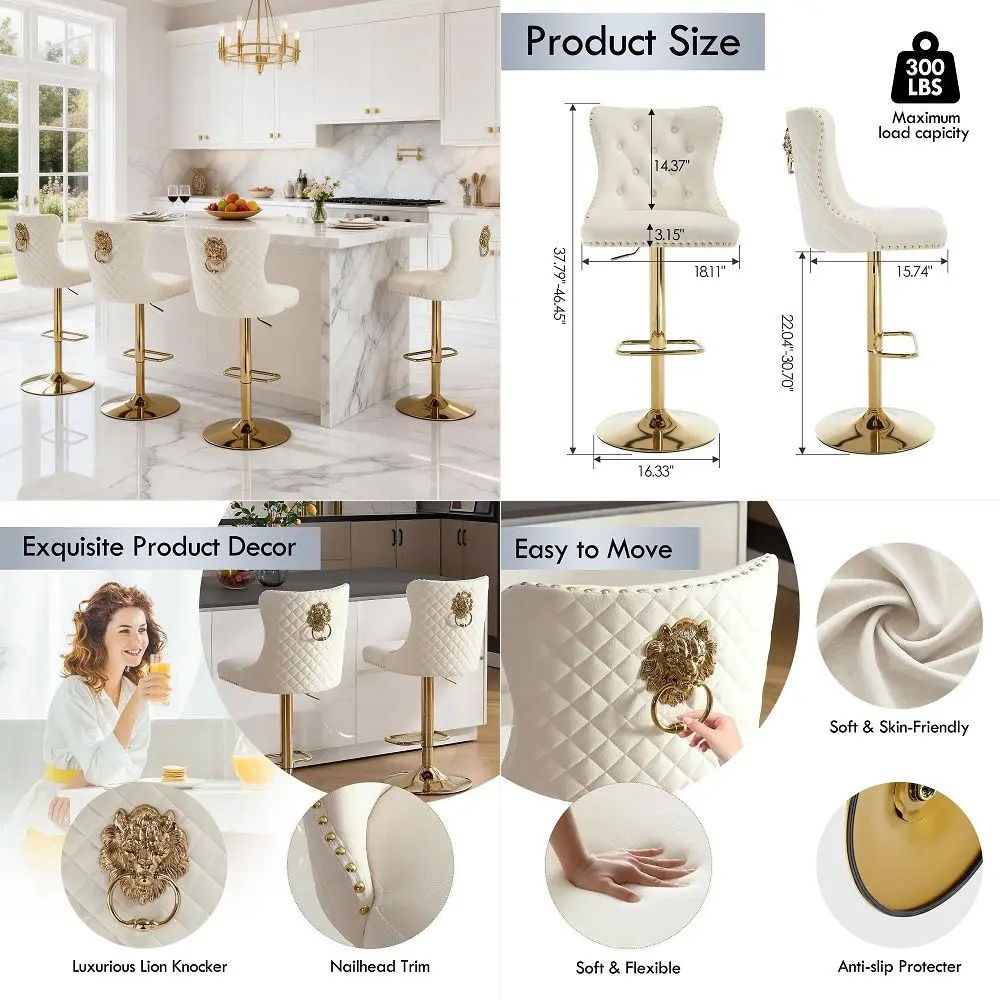 Barstools Set of 4,Velvet Swivel Bar Height Stools with Lion Pull Ring,Upholstered Counter Height Stools with High Tufted Back,
Barstools Set of 4,Velvet Swivel Bar Height Stools with Lion Pull Ring,Upholstered Counter Height Stools with High Tufted Back,