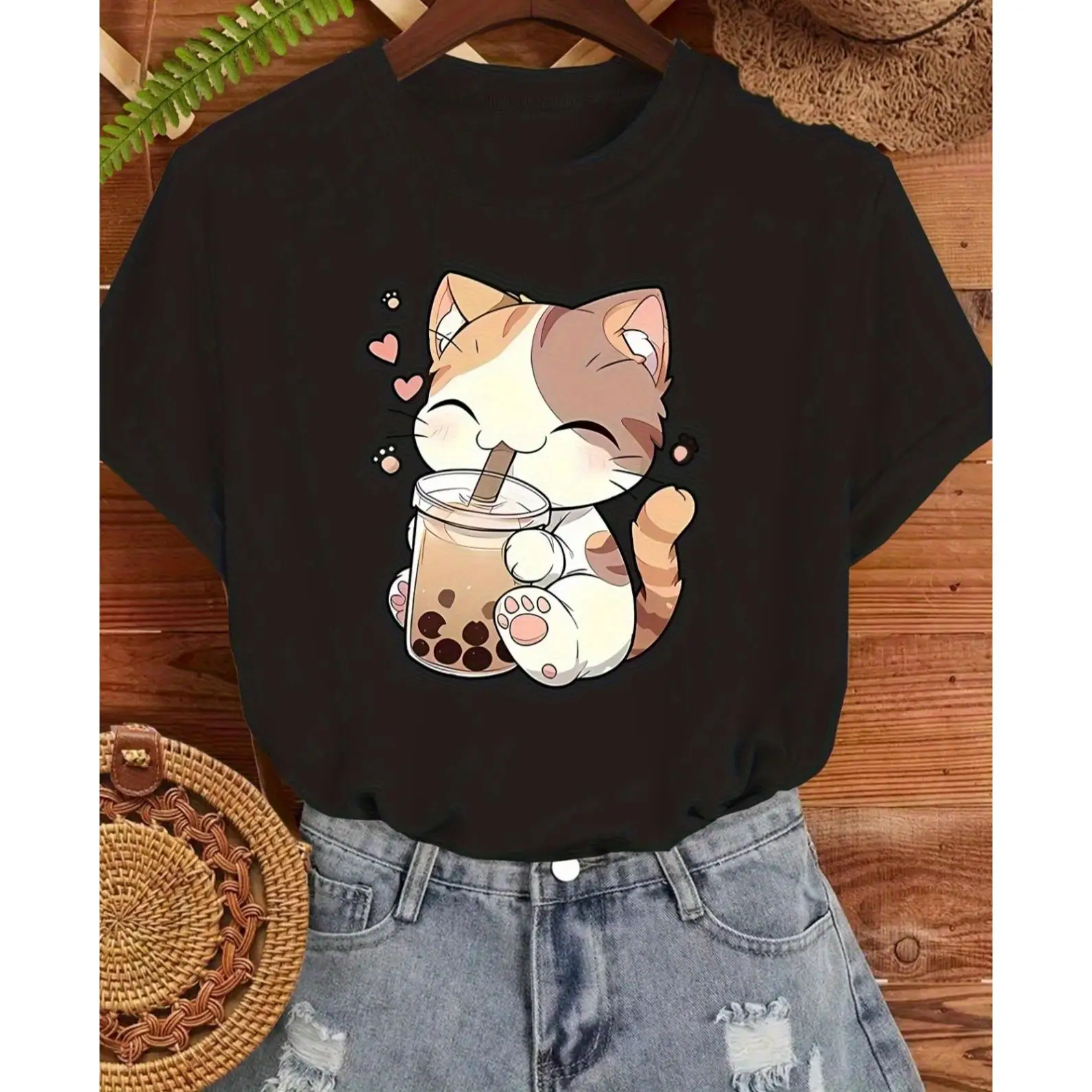 Women's Vintage Minimalist Casual T-Shirt - Cute Orange Tabby Cat Holding Milk Tea & Heart Print Design, Breathable Short Sleeve
Women's Vintage Minimalist Casual T-Shirt - Cute Orange Tabby Cat Holding Milk Tea & Heart Print Design, Breathable Short Sleeve