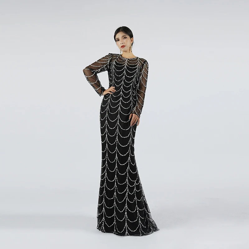 Baisha Light luxury evening dress long sleeve round neck net gauze beaded slim long European American evening dress C1
Baisha Light luxury evening dress long sleeve round neck net gauze beaded slim long European American evening dress C1