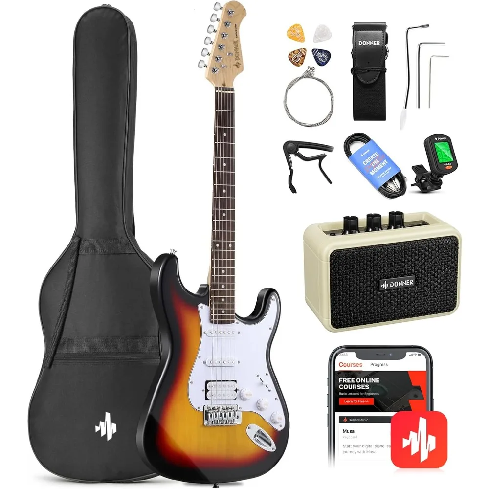 Inch Full size electric Guitar Kit Solid Sunburst, Beginner beginner, Amp, bag, Capo, belt, string, tuner, cable, pick
Inch Full size electric Guitar Kit Solid Sunburst, Beginner beginner, Amp, bag, Capo, belt, string, tuner, cable, pick