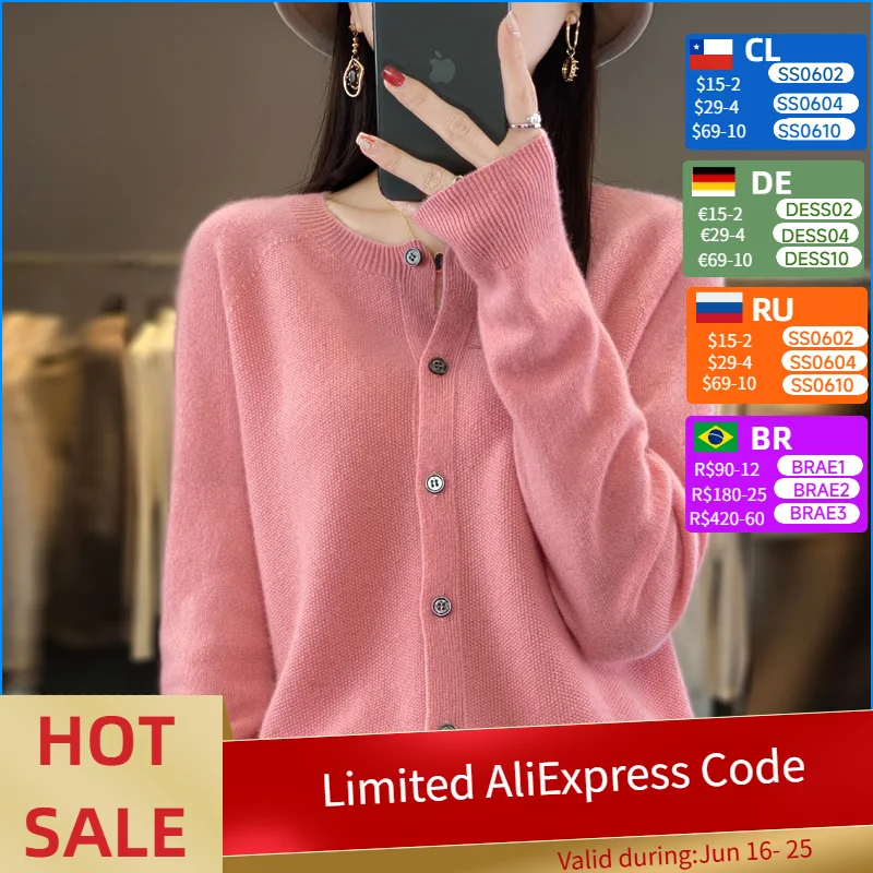 Women 100% Merino Wool Sweater New Round Collar Solid Color Knitted Cardigan Autumn Winter Casual Soft Jacket Bottoming Slim Top
Women 100% Merino Wool Sweater New Round Collar Solid Color Knitted Cardigan Autumn Winter Casual Soft Jacket Bottoming Slim Top