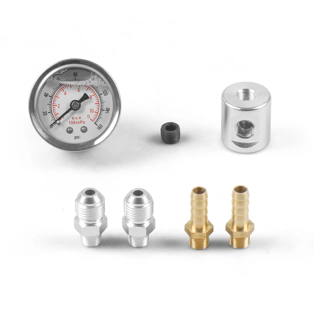 1/8 NPT Universal Fuel Pressure Gauge Liquid Filled Polished Case 0-160 psi and Adapter Kit for Fuel Injection Systems
1/8 NPT Universal Fuel Pressure Gauge Liquid Filled Polished Case 0-160 psi and Adapter Kit for Fuel Injection Systems