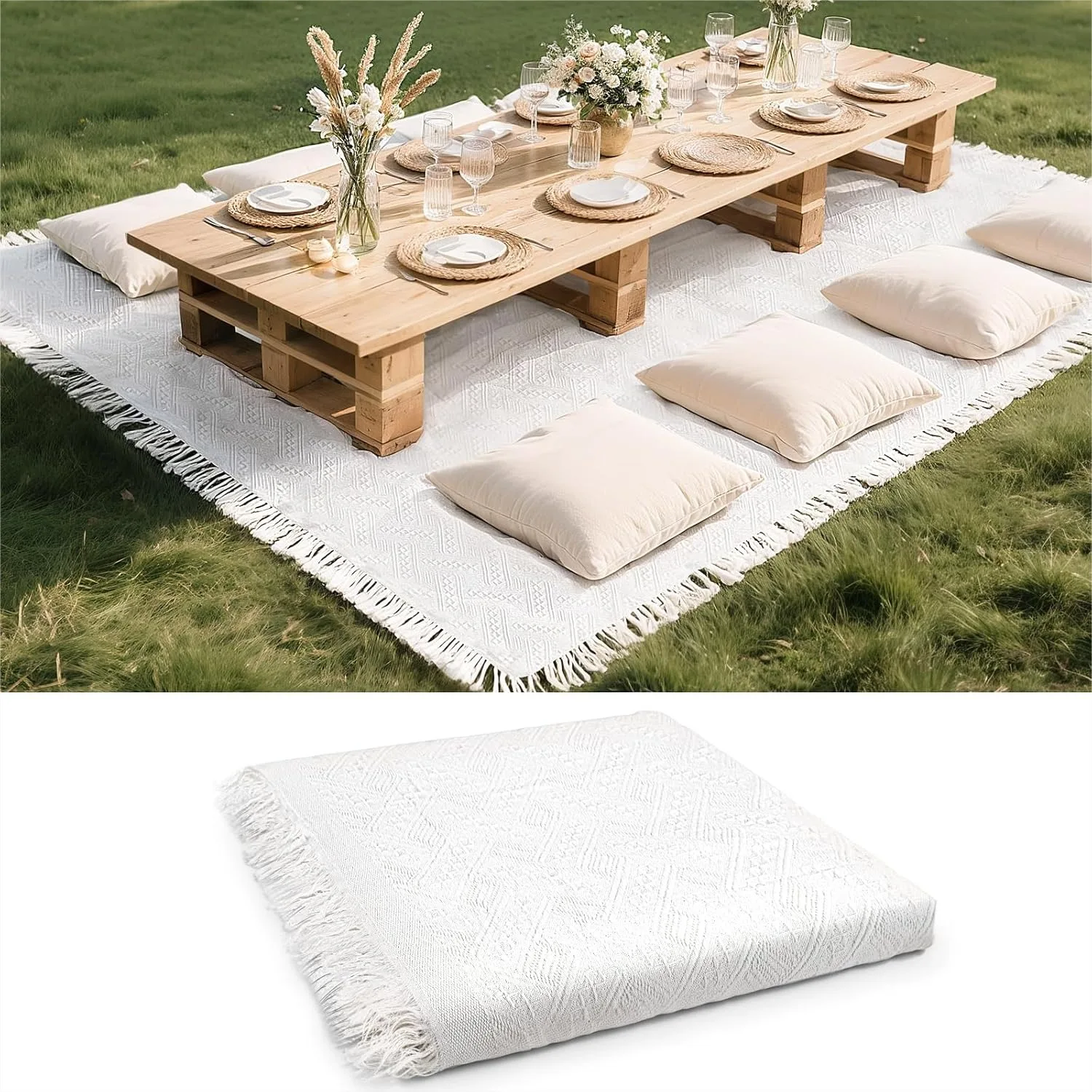 Extra Large White Outdoor Picnic Blanket, Woven Cotton with Fringe for Camping, Lawn, Wedding Photoshoot, Machine Washable
Extra Large White Outdoor Picnic Blanket, Woven Cotton with Fringe for Camping, Lawn, Wedding Photoshoot, Machine Washable