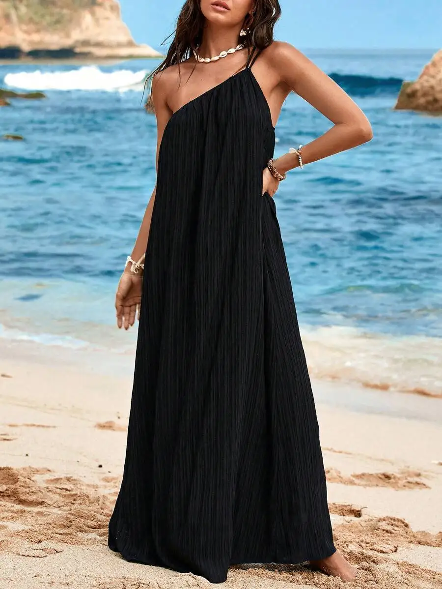 Black Solid Sleeveless Asymmetrical Off Shoulder Pleated Maxi Dress Beach Boho Casual Summer Outfit
Black Solid Sleeveless Asymmetrical Off Shoulder Pleated Maxi Dress Beach Boho Casual Summer Outfit