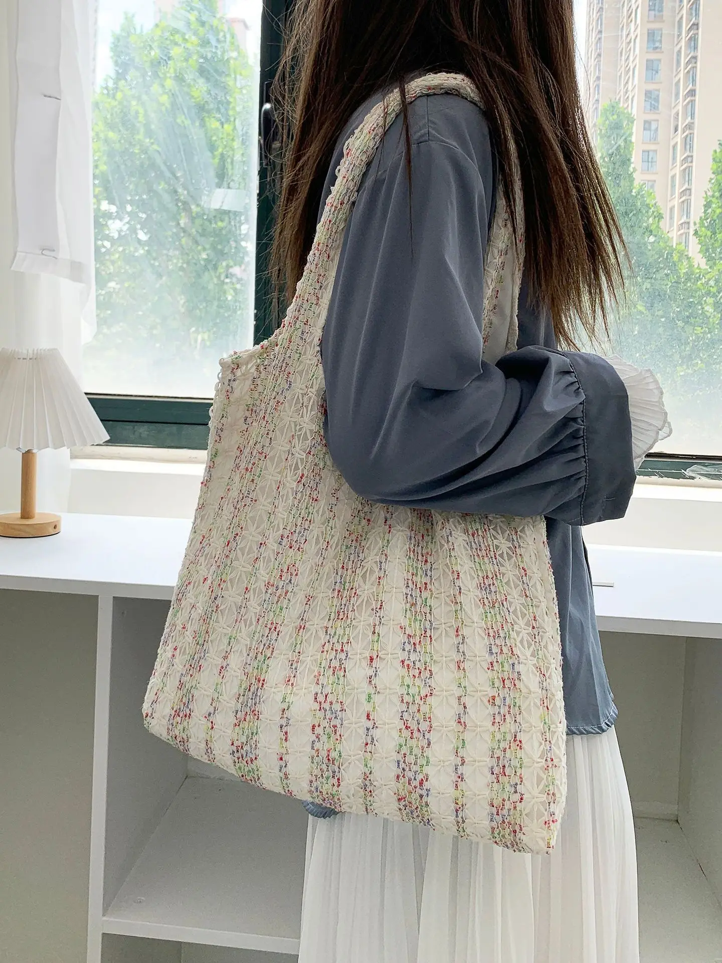 Neon Color Knitted Canvas Tote Bag for Women, Large Capacity Casual Shoulder Bag Fashion Commute School Bag for College Students Neon Color Knitted Canvas Tote Bag for Women, Large Capacity Casual Shoulder Bag Fashion Commute School Bag for College Students