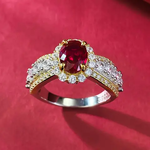 Anillo de diamante completo de rubí de 6x8MM, joyería de plata pura S925, regalo de cumpleaños para fiesta de compromiso y boda