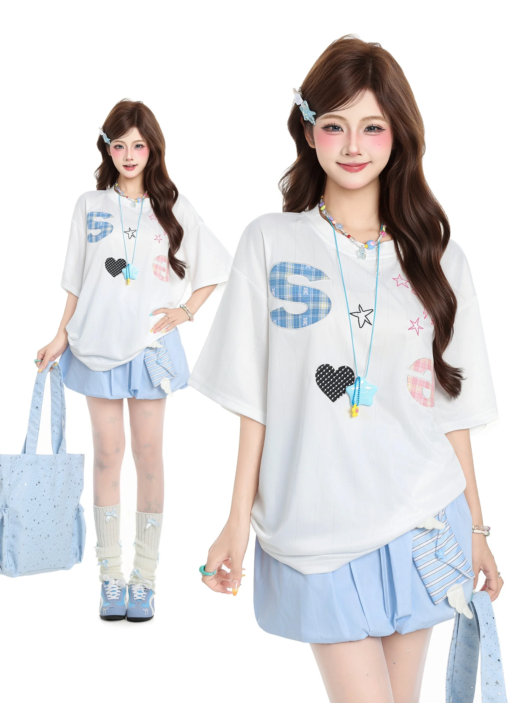 HTYM Sweet Korean Plaid Letter Patchwork Short Sleeve T-Shirt Women's Summer Loose Casual Versatile Top White Ins Style
HTYM Sweet Korean Plaid Letter Patchwork Short Sleeve T-Shirt Women's Summer Loose Casual Versatile Top White Ins Style
